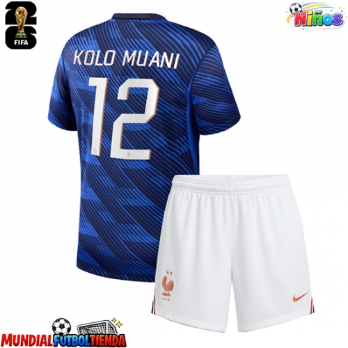 Camiseta Francia Randal Kolo Muani #12 Primera Equipación Replica Mundial 2026 para niños mangas cortas (+ Pantalones cortos)